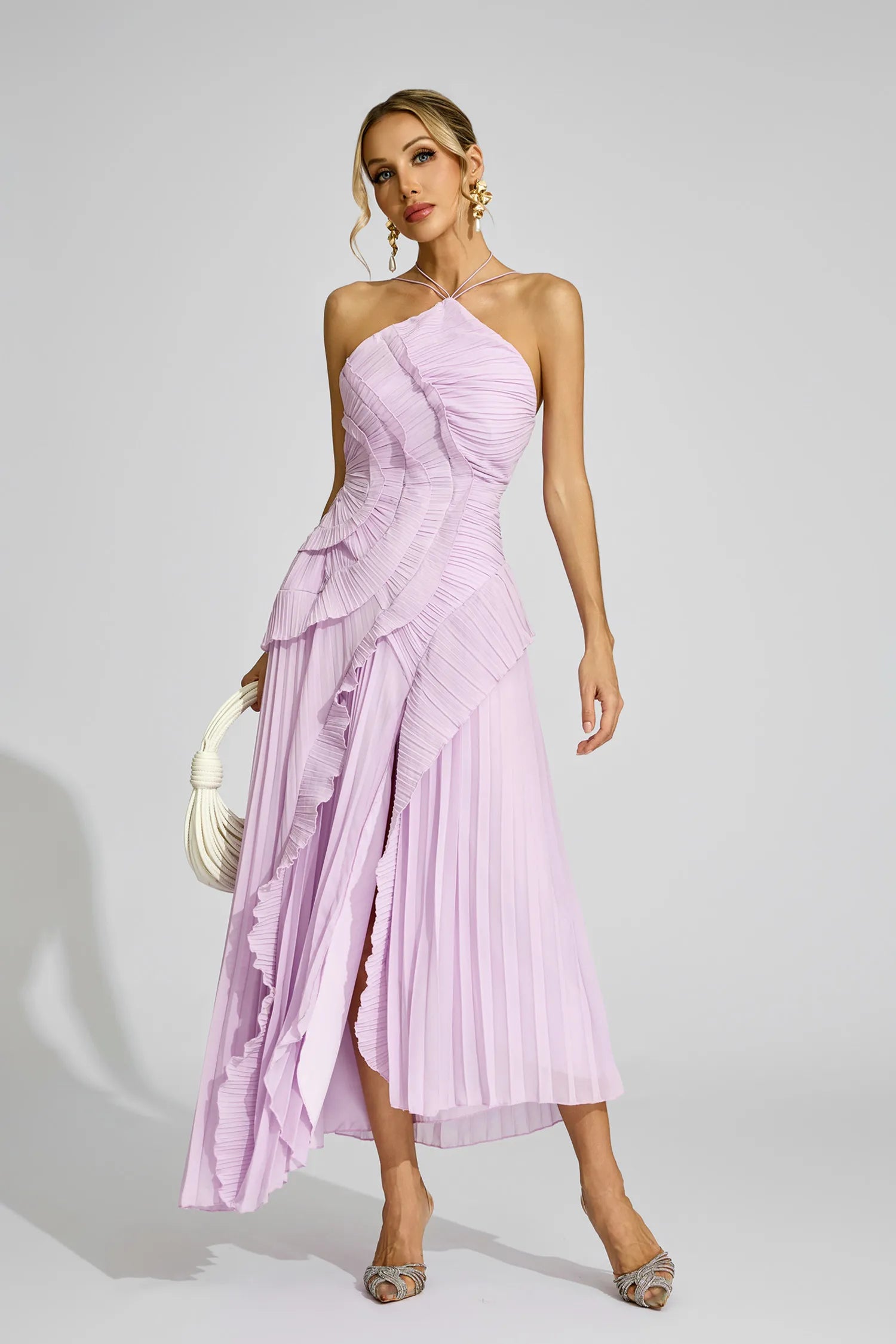 Elodie Mor Asimetrik Plise Halter Maxi Elbise