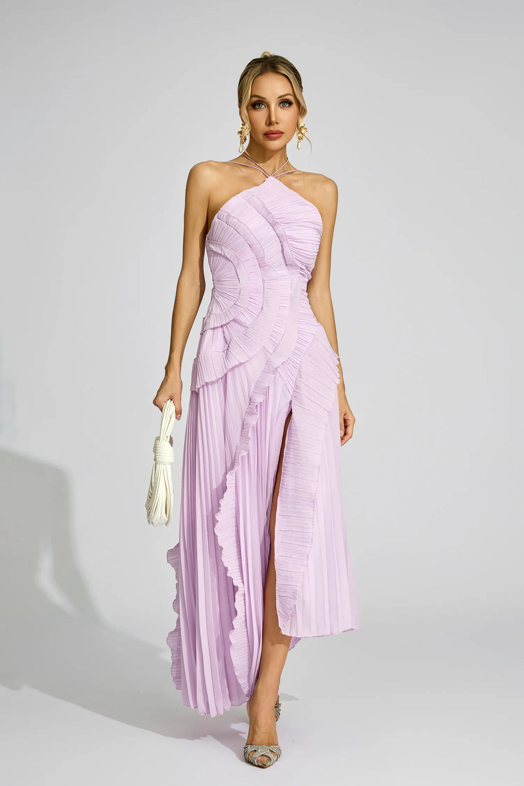 Elodie Mor Asimetrik Plise Halter Maxi Elbise