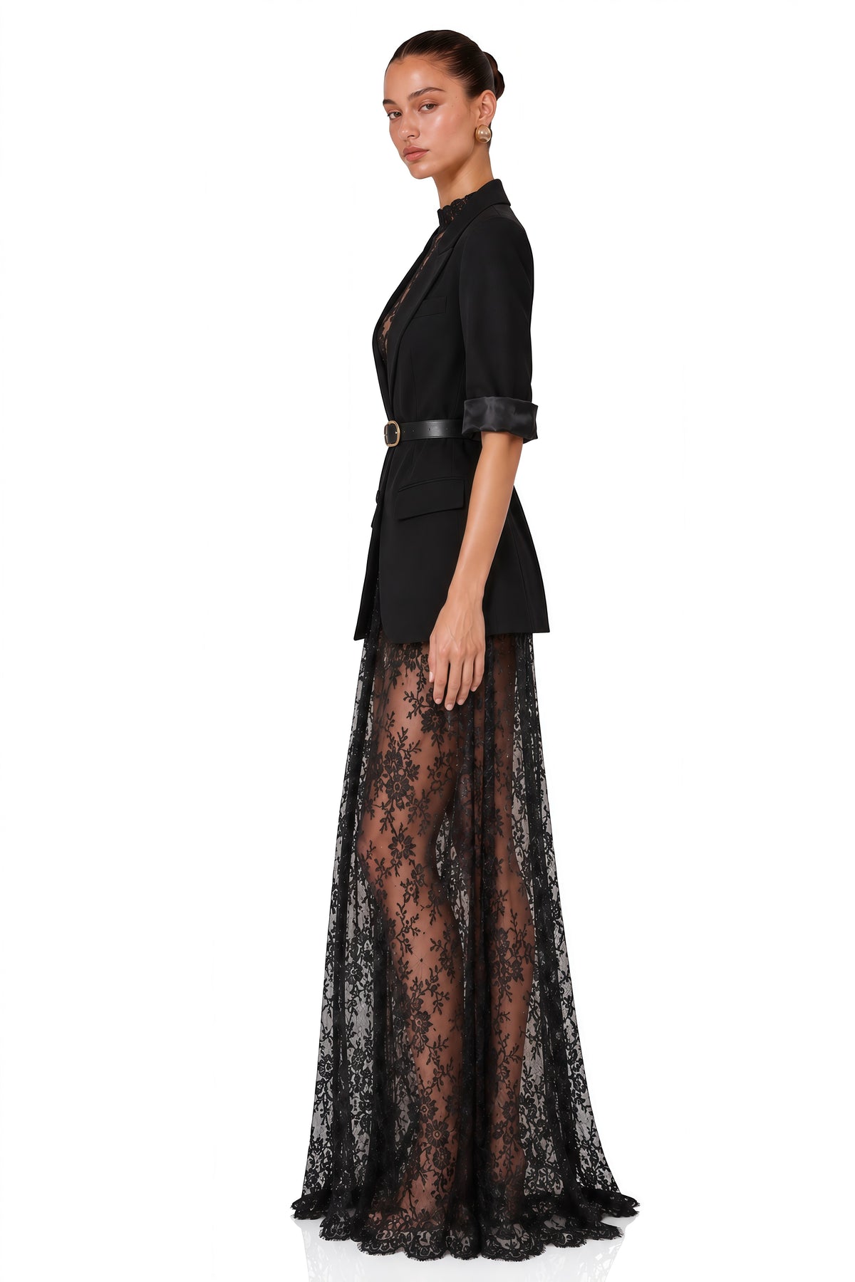 Natalia Blazer ve Dantelli Maxi Elbise Takım Siyah