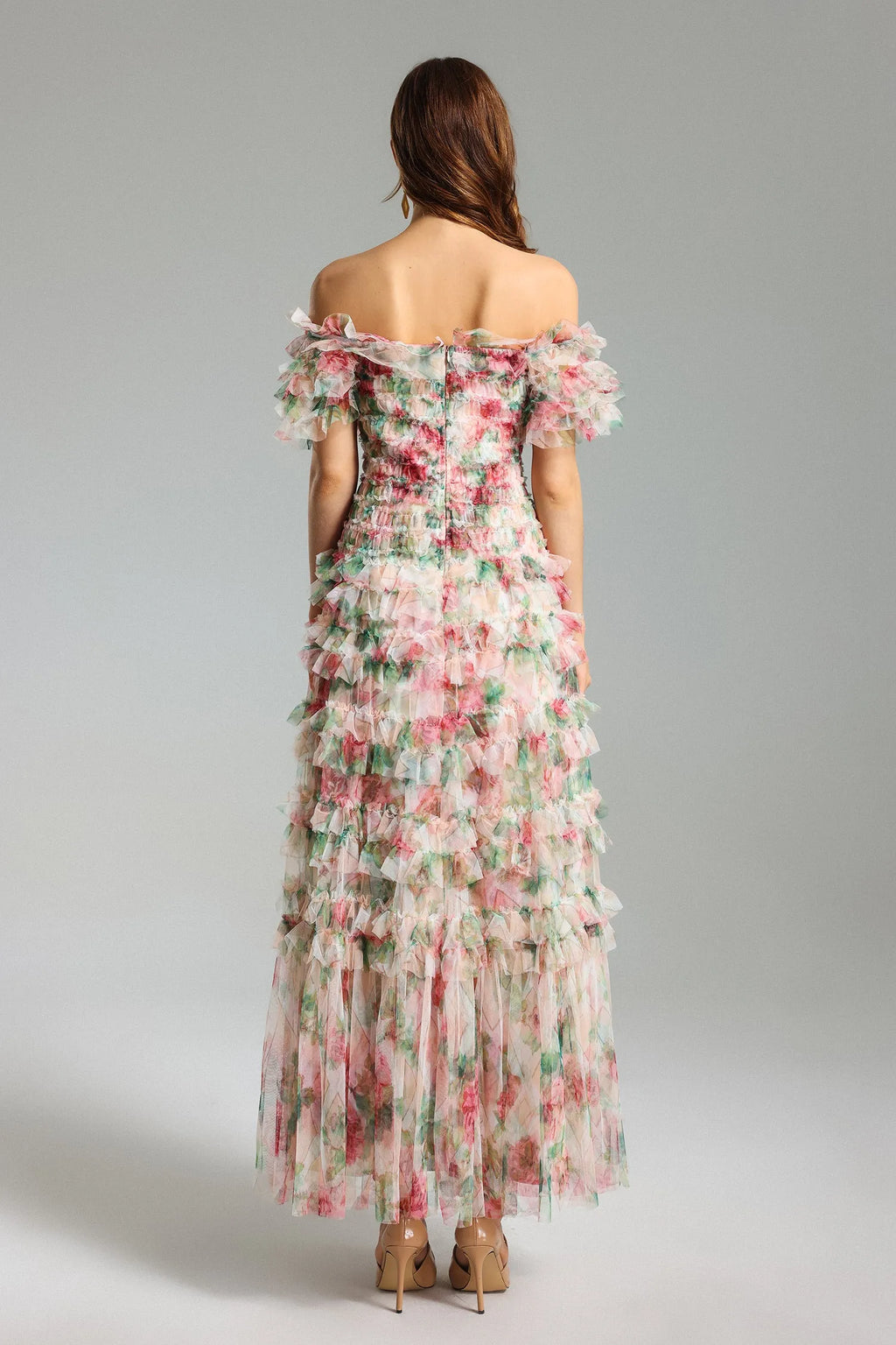 Qearl Çiçekli Off Shoulder Plise Maxi Elbise