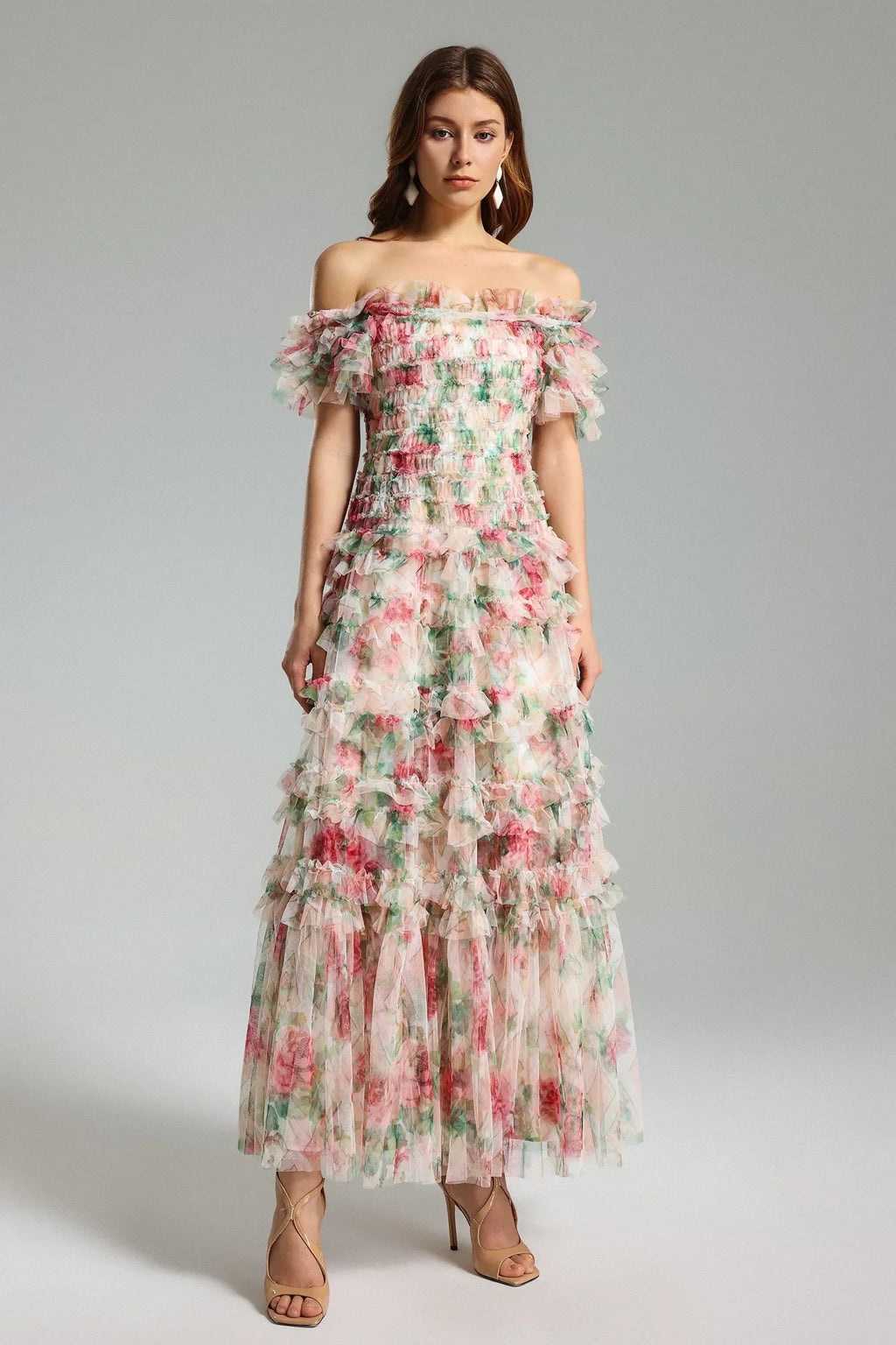 Qearl Çiçekli Off Shoulder Plise Maxi Elbise