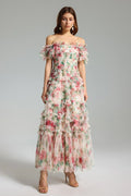 Qearl Çiçekli Off Shoulder Plise Maxi Elbise
