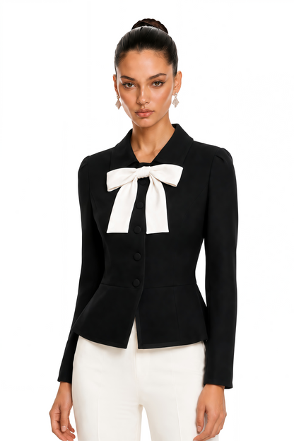 Raina Kontrast Fiyonk Yaka Kısa Blazer Siyah