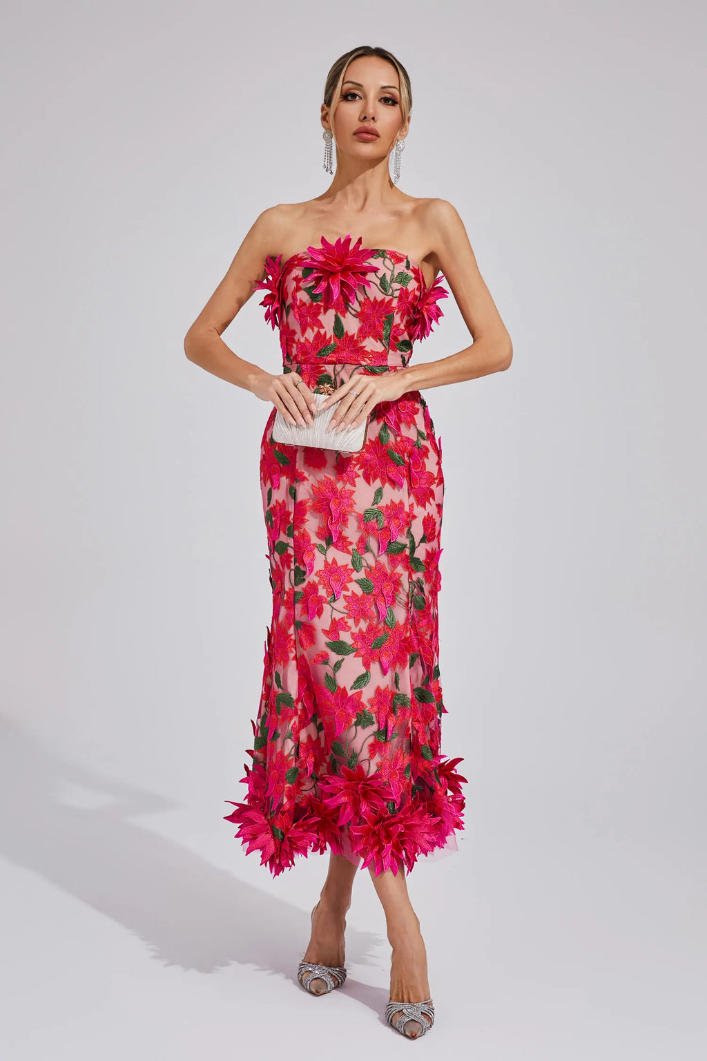 Aitana Kırmızı Çiçek Off Shoulder Maxi Elbise