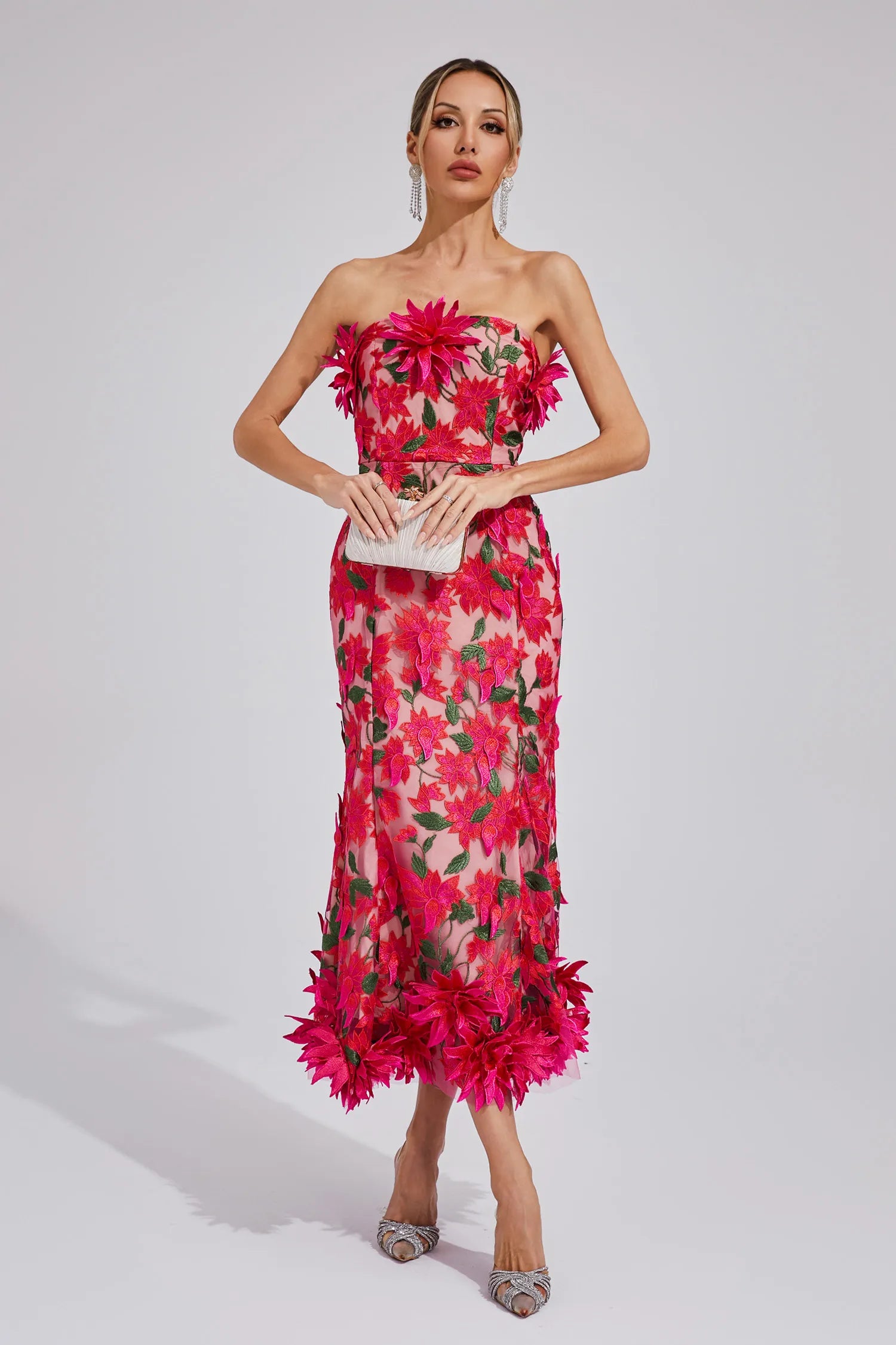 Aitana Kırmızı Çiçek Off Shoulder Maxi Elbise