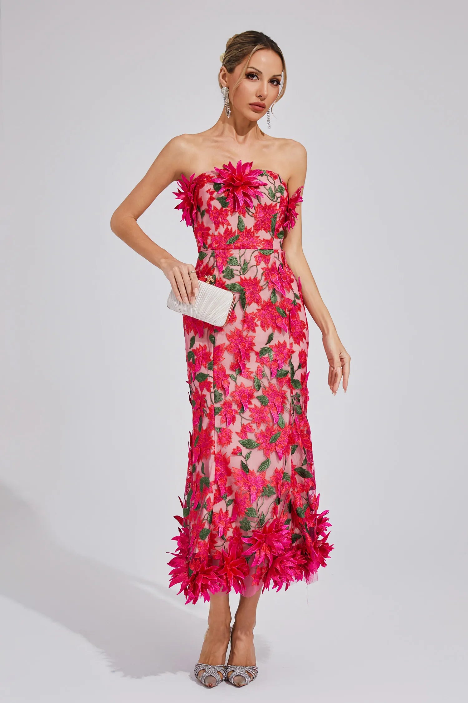 Aitana Kırmızı Çiçek Off Shoulder Maxi Elbise