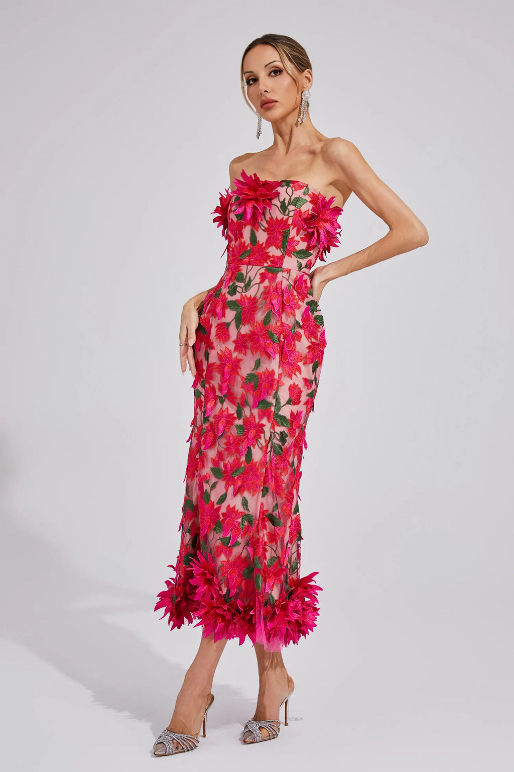 Aitana Kırmızı Çiçek Off Shoulder Maxi Elbise