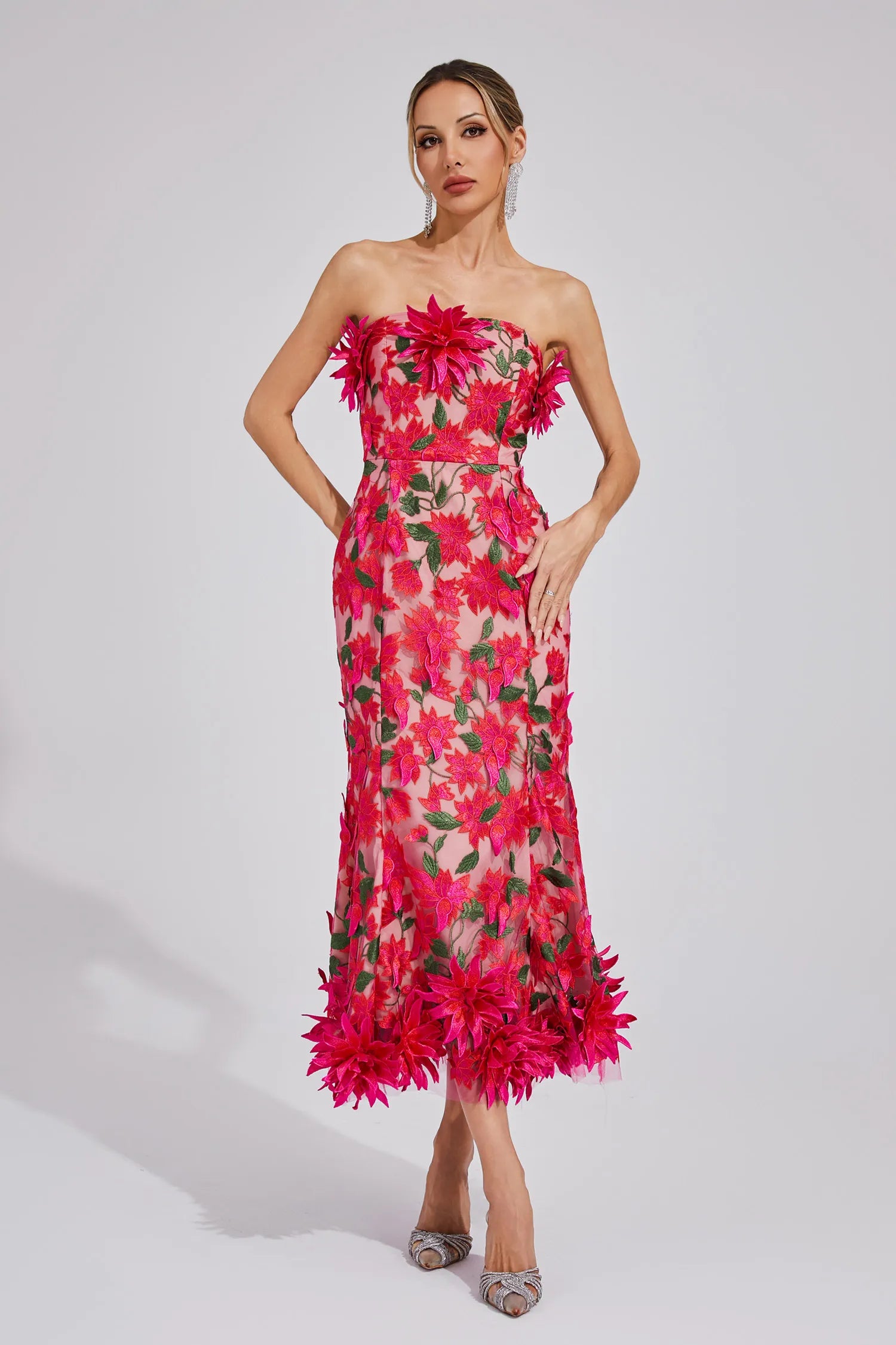 Aitana Kırmızı Çiçek Off Shoulder Maxi Elbise