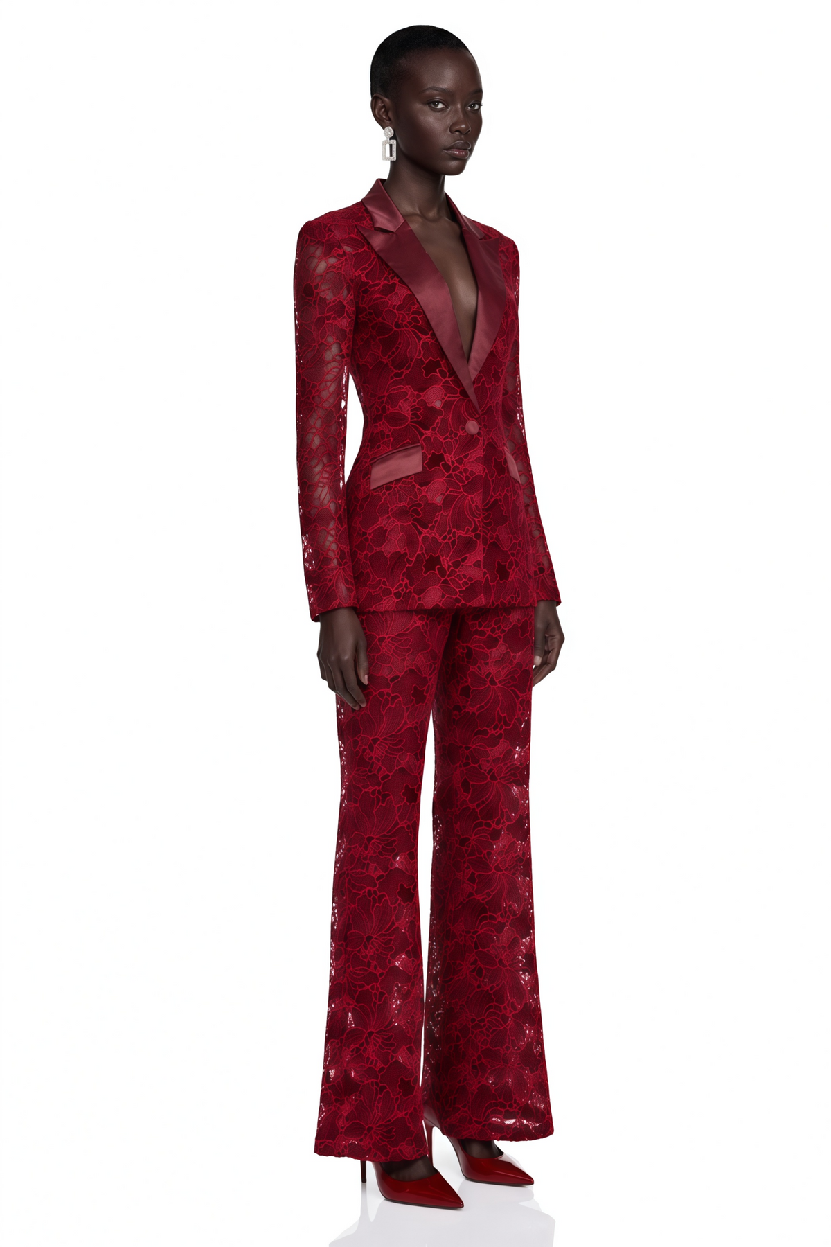 Romilda Çiçekli Dantel Blazer ve Pantolon Takım Bordo