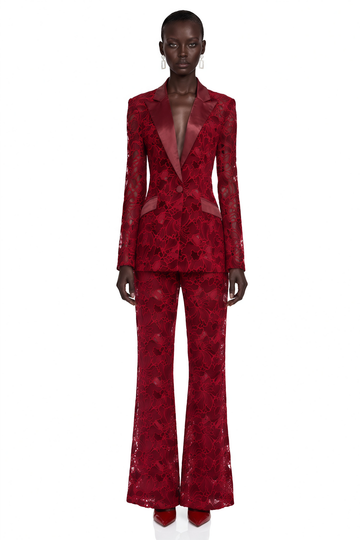 Romilda Çiçekli Dantel Blazer ve Pantolon Takım Bordo