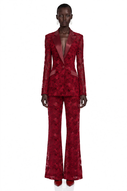 Romilda Çiçekli Dantel Blazer ve Pantolon Takım Bordo