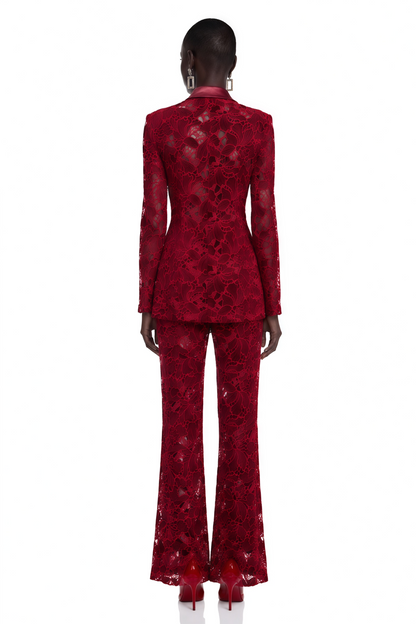 Romilda Çiçekli Dantel Blazer ve Pantolon Takım Bordo