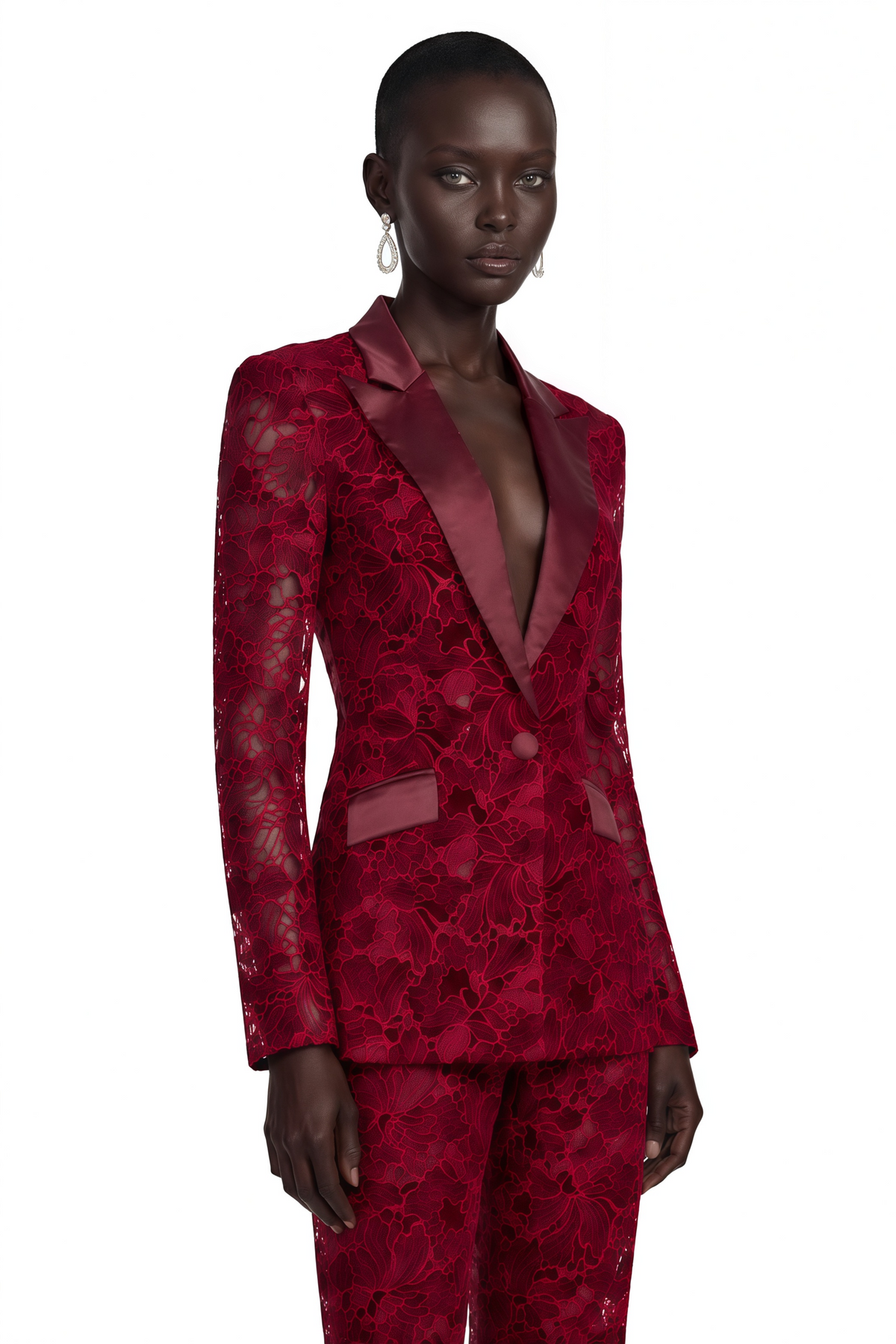 Romilda Çiçekli Dantel Blazer ve Pantolon Takım Bordo