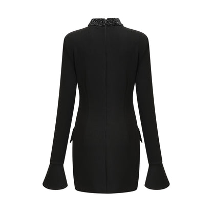 Gaëlle Kristal İşlemeli Uzun Kollu Mini Elbise Siyah
