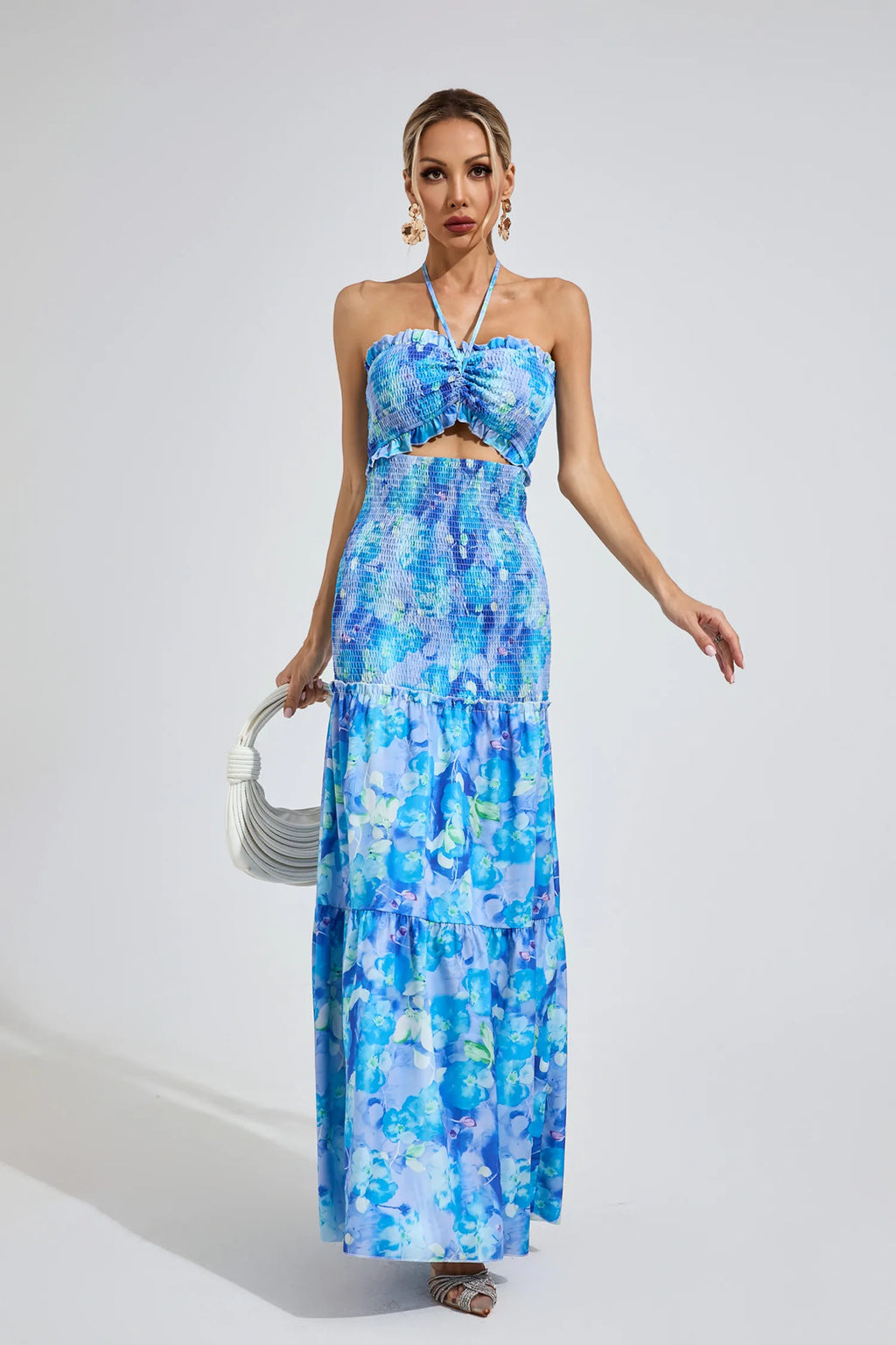 Ellison Mavi Volanlı Halter Maxi Elbise