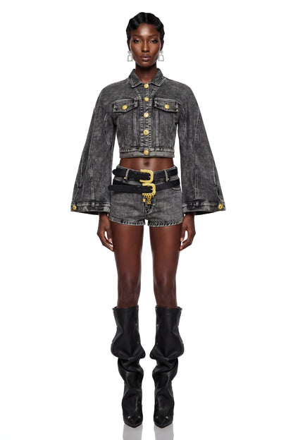 Serenella Denim Ceket ve Şort Takım Gri