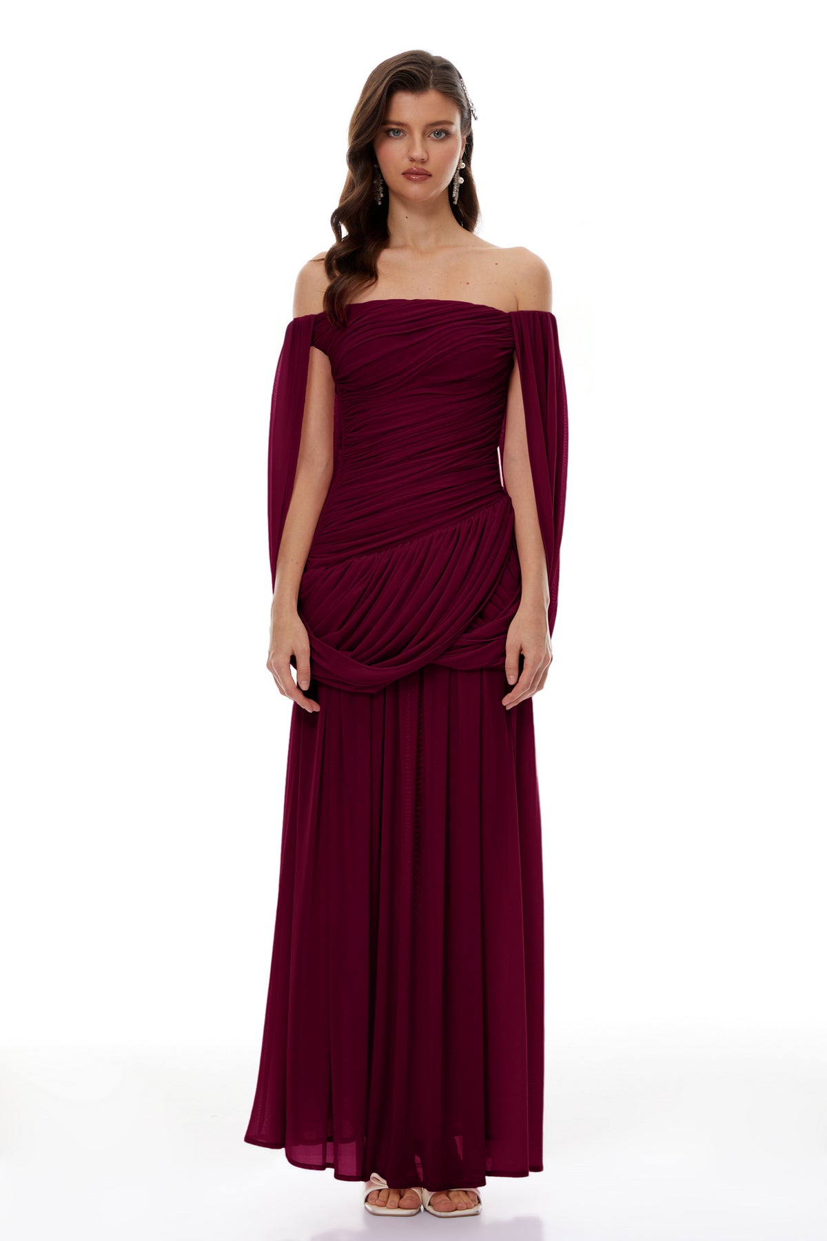 Suné Çapraz Ön ve Büzgü Detaylı Maksi Elbise Kırmızı
