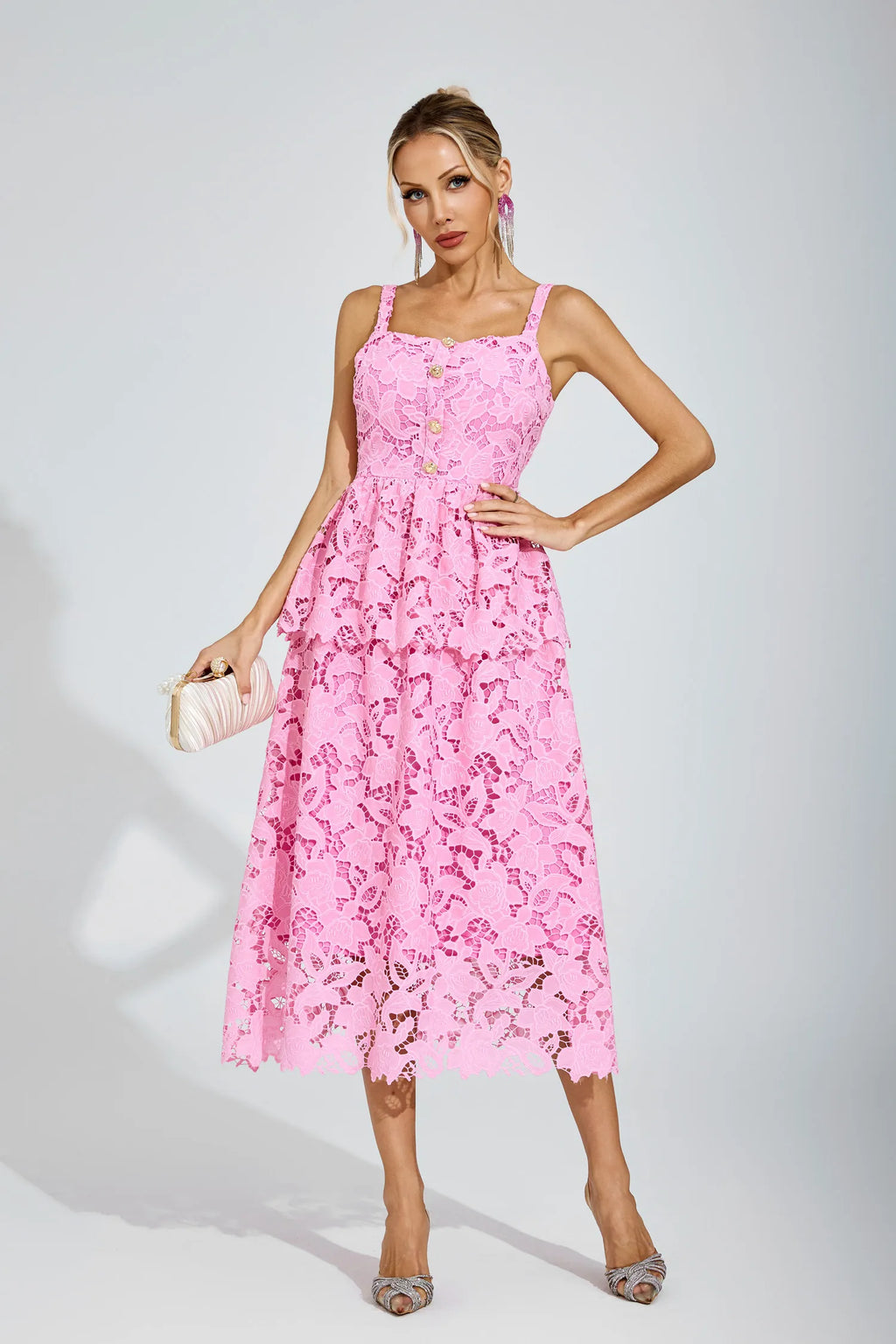 Blythe Pembe Dantel Midi Elbise