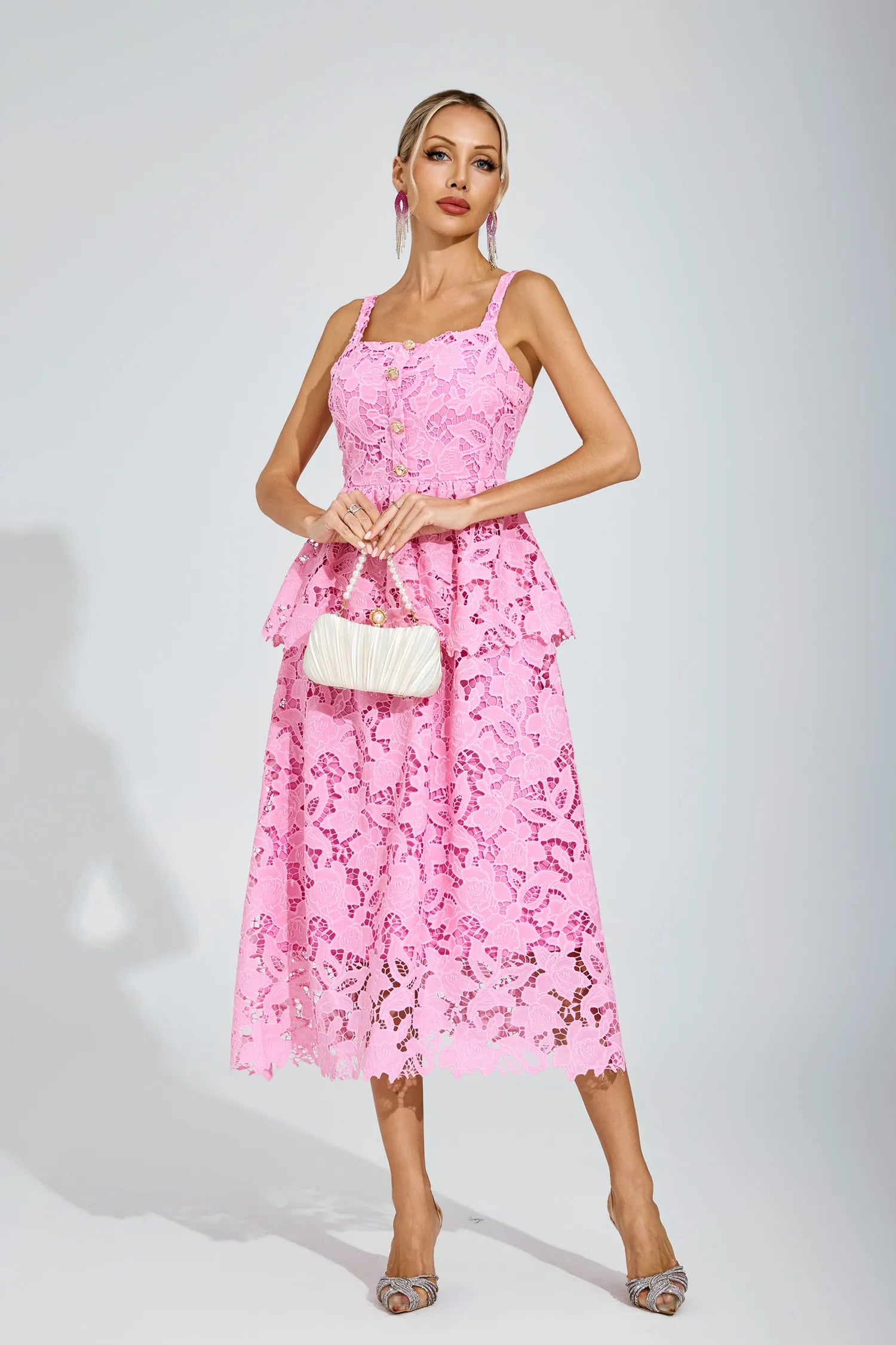 Blythe Pembe Dantel Midi Elbise