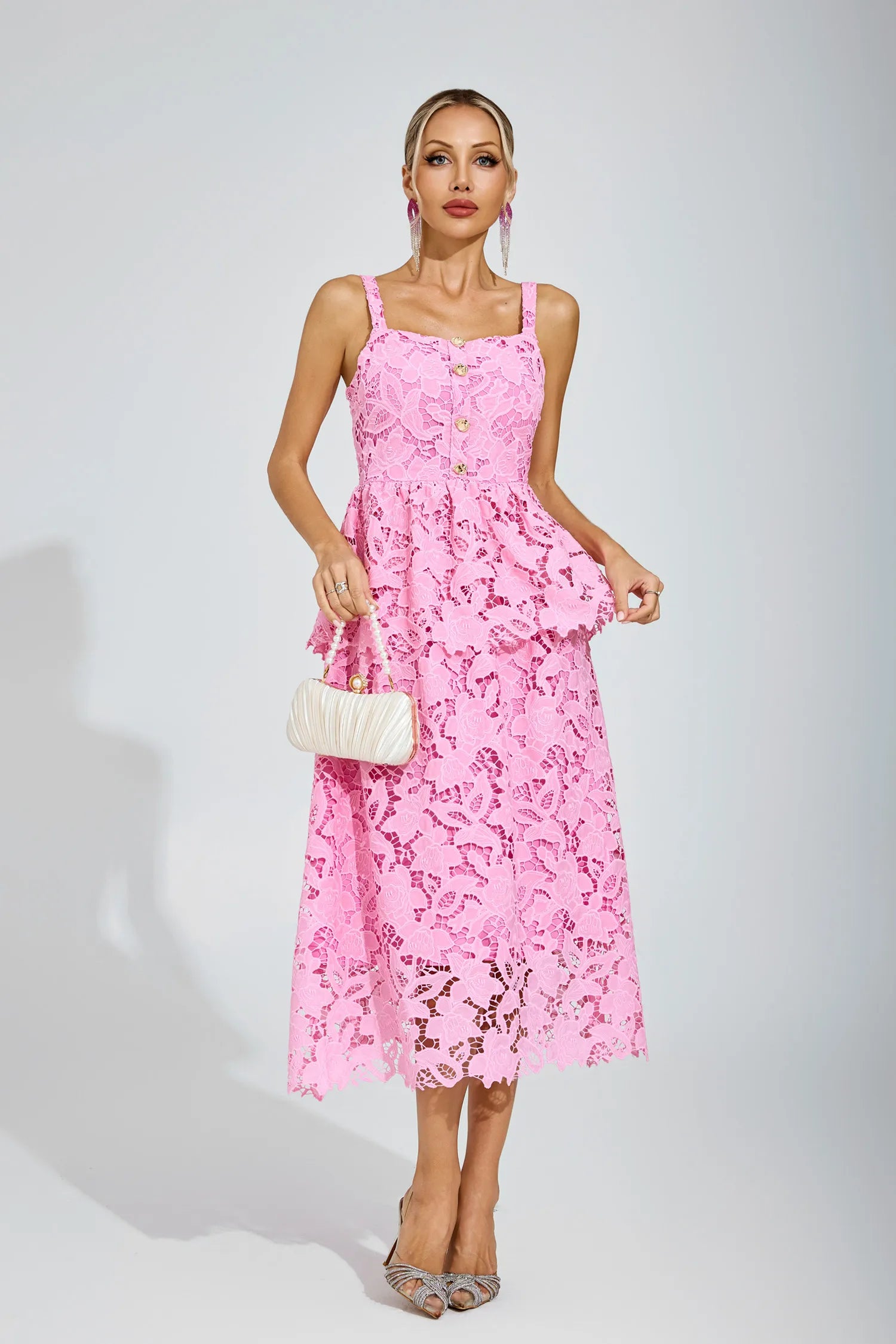 Blythe Pembe Dantel Midi Elbise