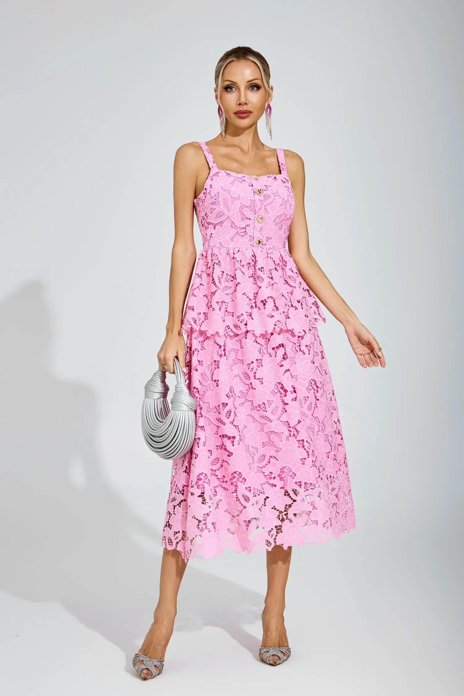 Blythe Pembe Dantel Midi Elbise