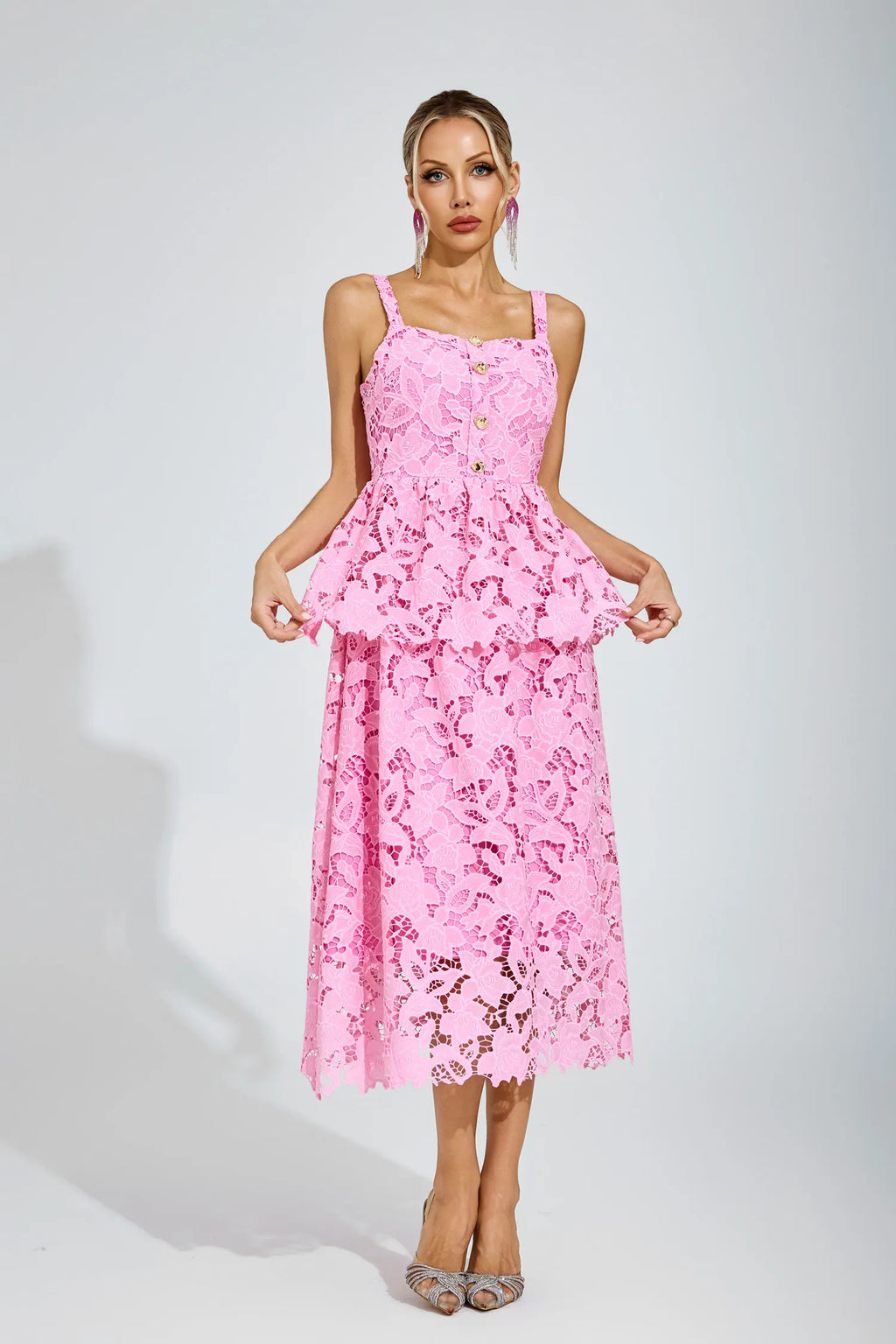 Blythe Pembe Dantel Midi Elbise