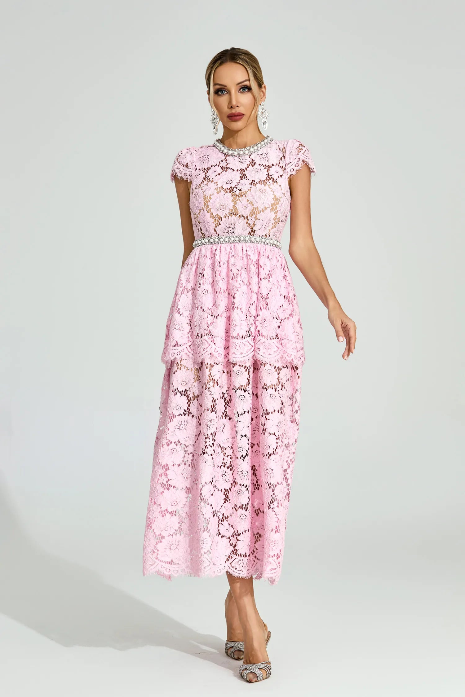 Lucia Pembe Dantel Maxi Elbise