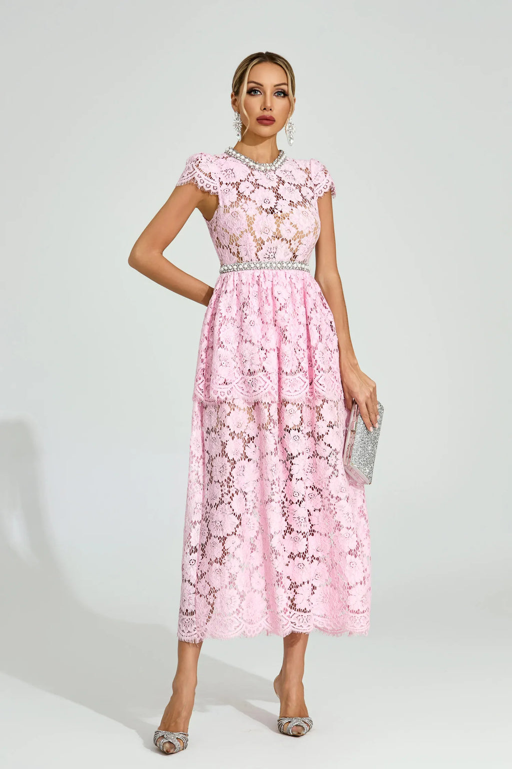 Lucia Pembe Dantel Maxi Elbise