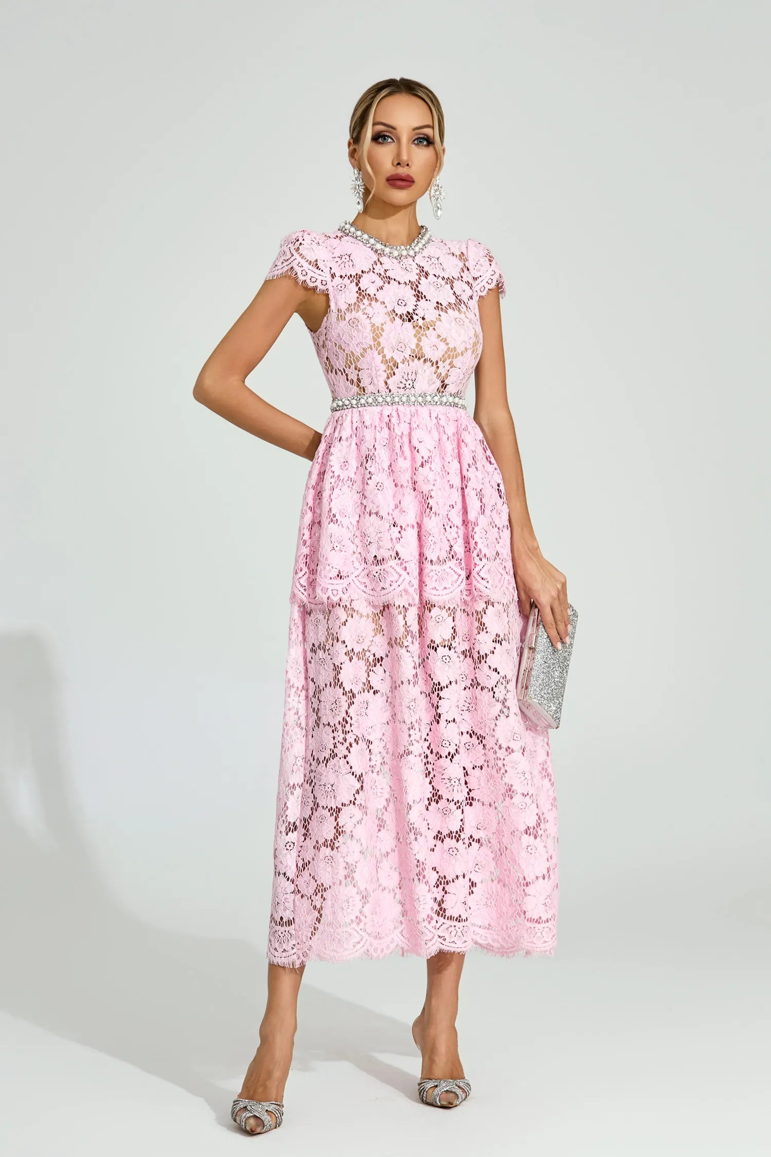 Lucia Pembe Dantel Maxi Elbise