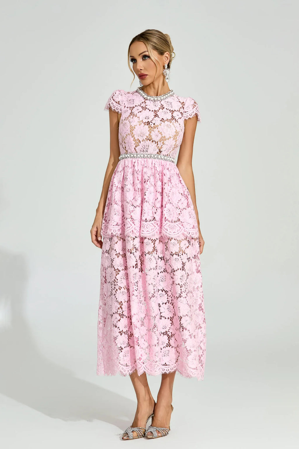 Lucia Pembe Dantel Maxi Elbise