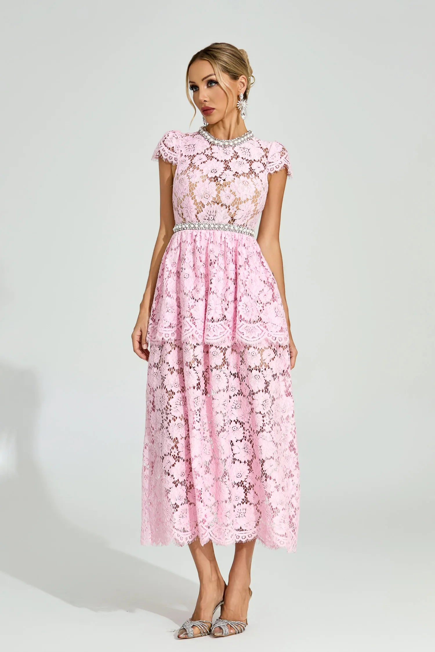 Lucia Pembe Dantel Maxi Elbise