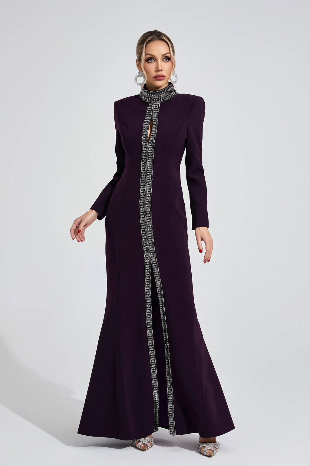 Theodora Koyu Mor Elmas Desenli Maxi Elbise