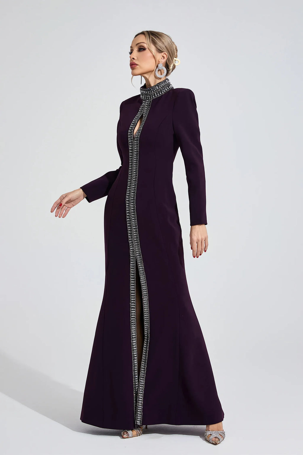Theodora Koyu Mor Elmas Desenli Maxi Elbise