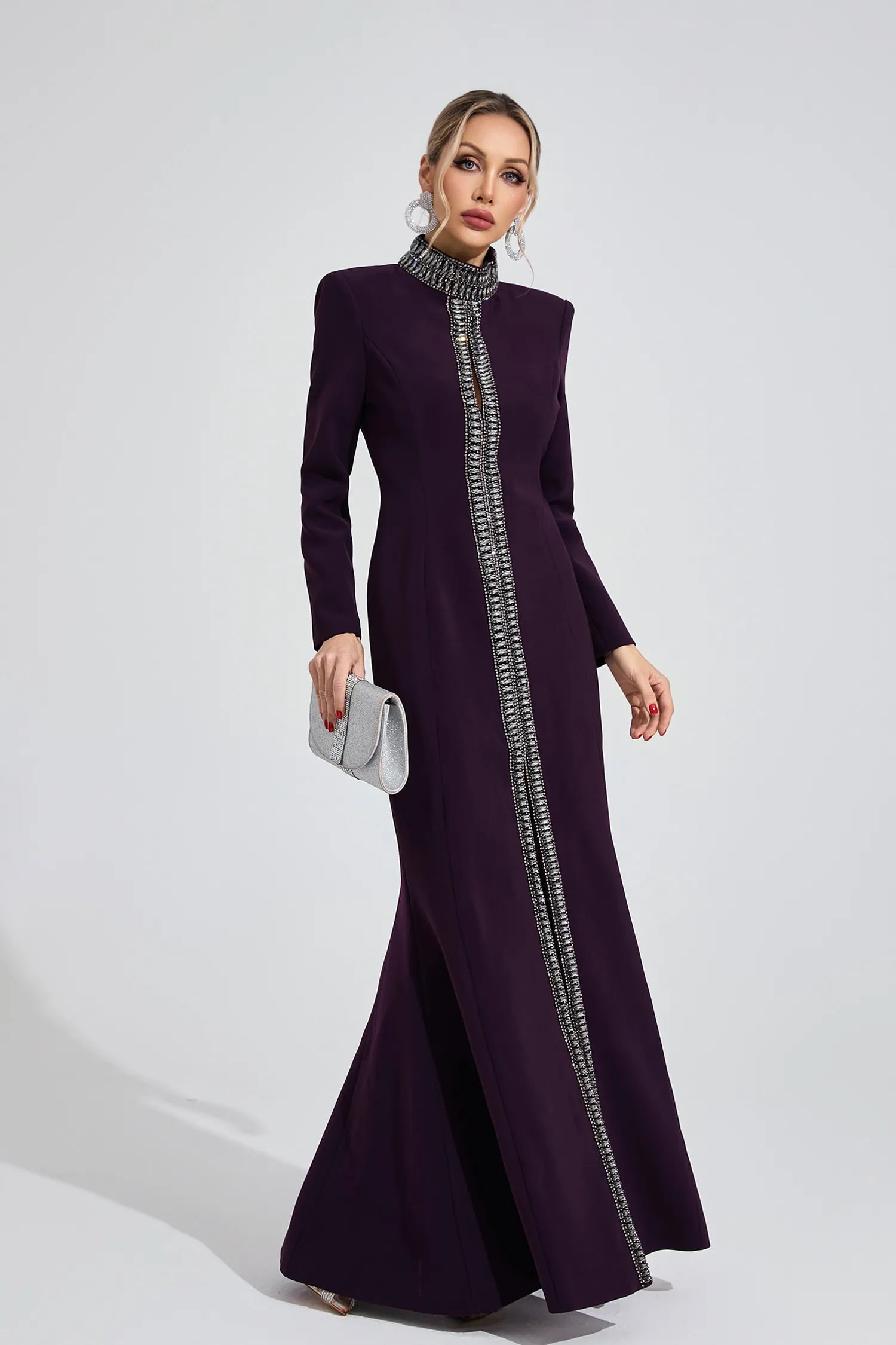 Theodora Koyu Mor Elmas Desenli Maxi Elbise