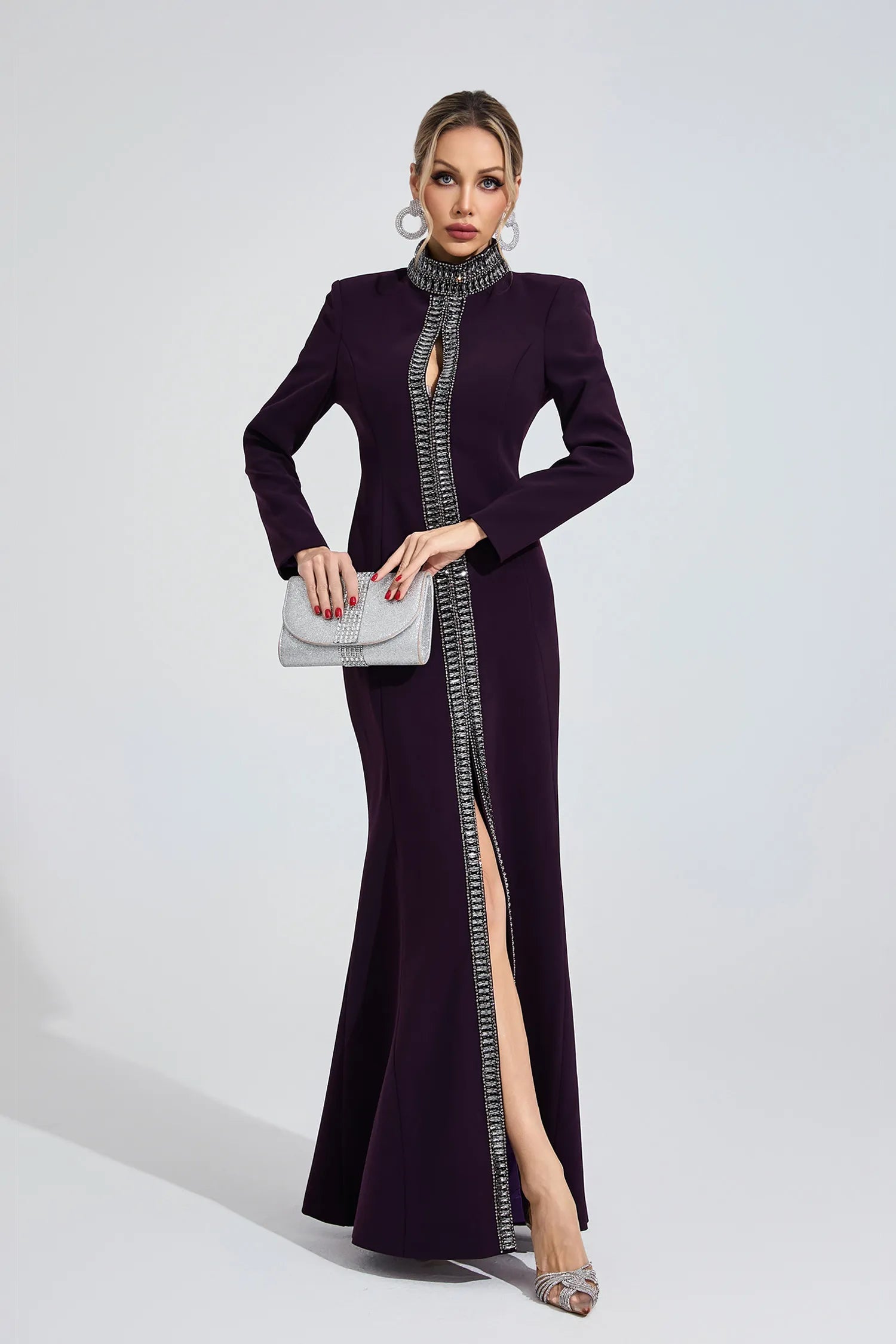 Theodora Koyu Mor Elmas Desenli Maxi Elbise