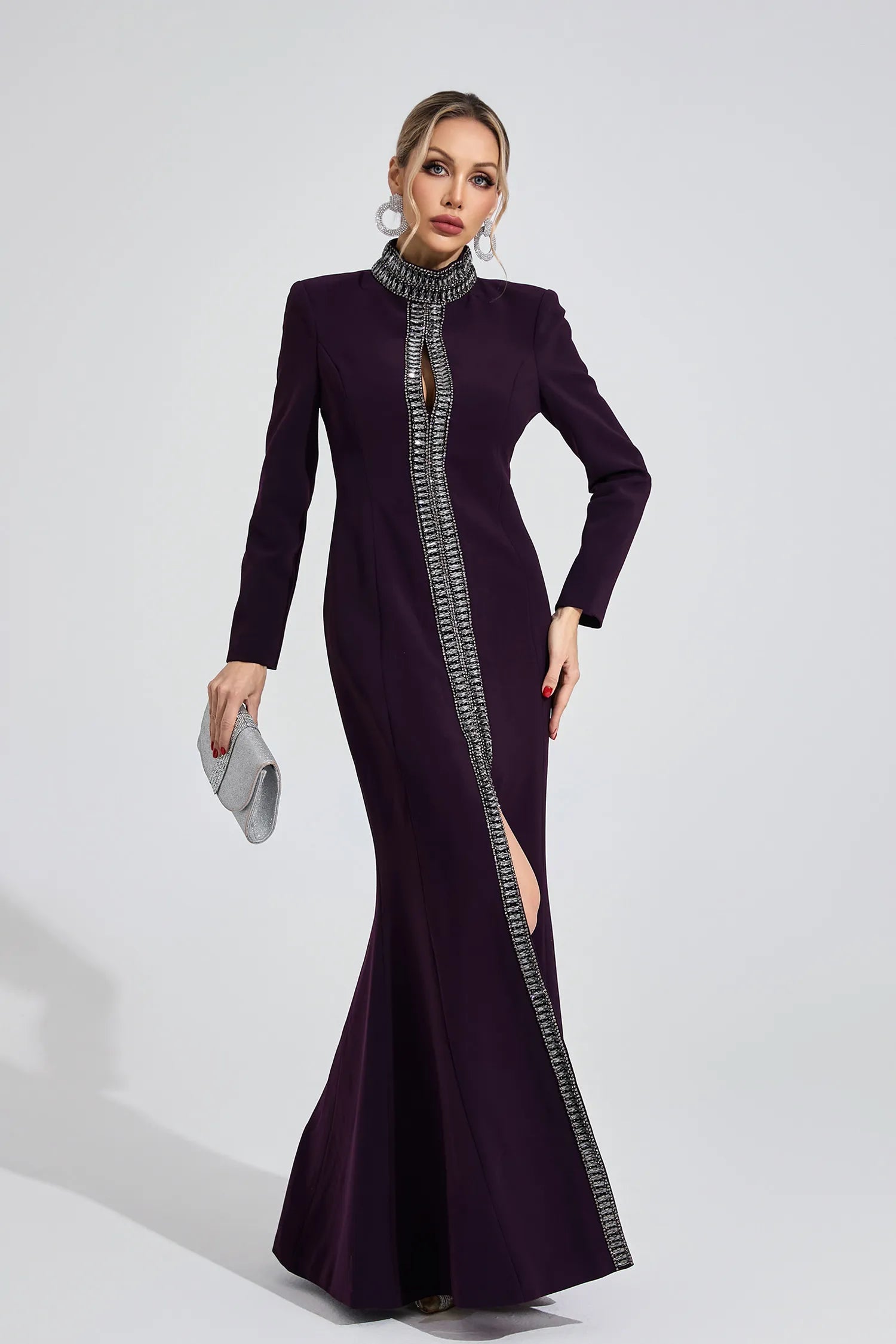 Theodora Koyu Mor Elmas Desenli Maxi Elbise