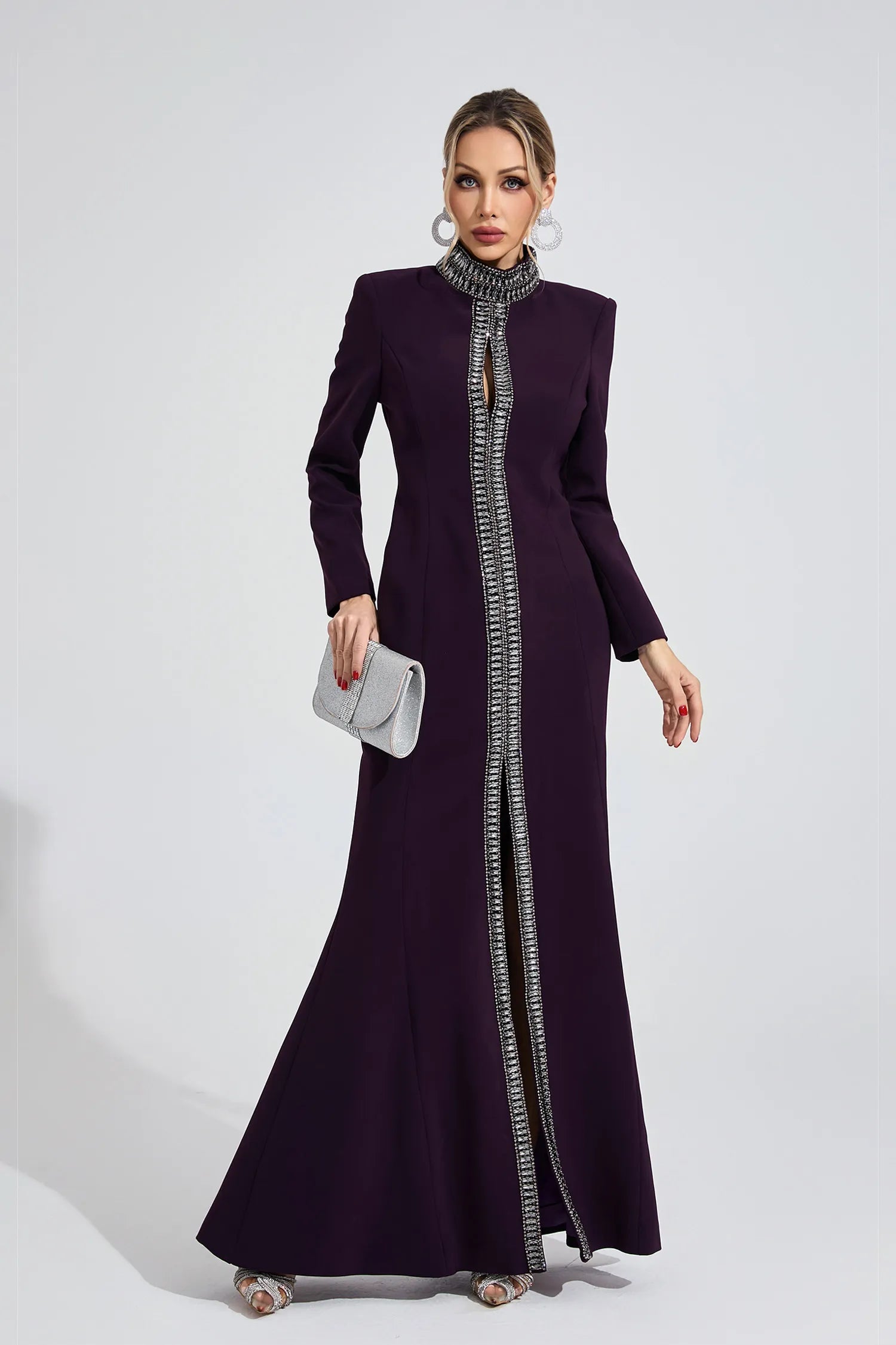Theodora Koyu Mor Elmas Desenli Maxi Elbise