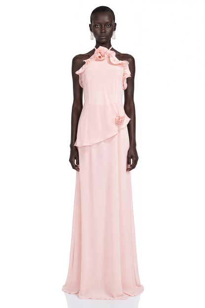 Thulisile 3D Çiçek Detaylı Şifon Maxi Elbise Pembe
