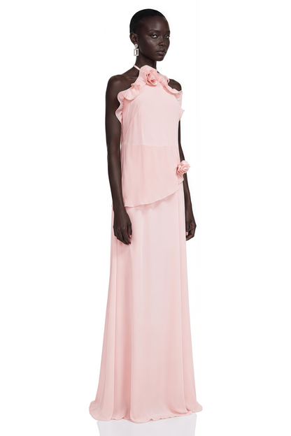Thulisile 3D Çiçek Detaylı Şifon Maxi Elbise Pembe
