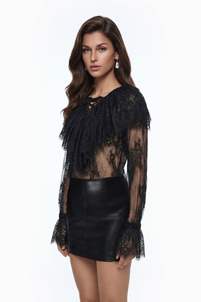 Tilly Yarı Transparan Dantel Bluz Siyah