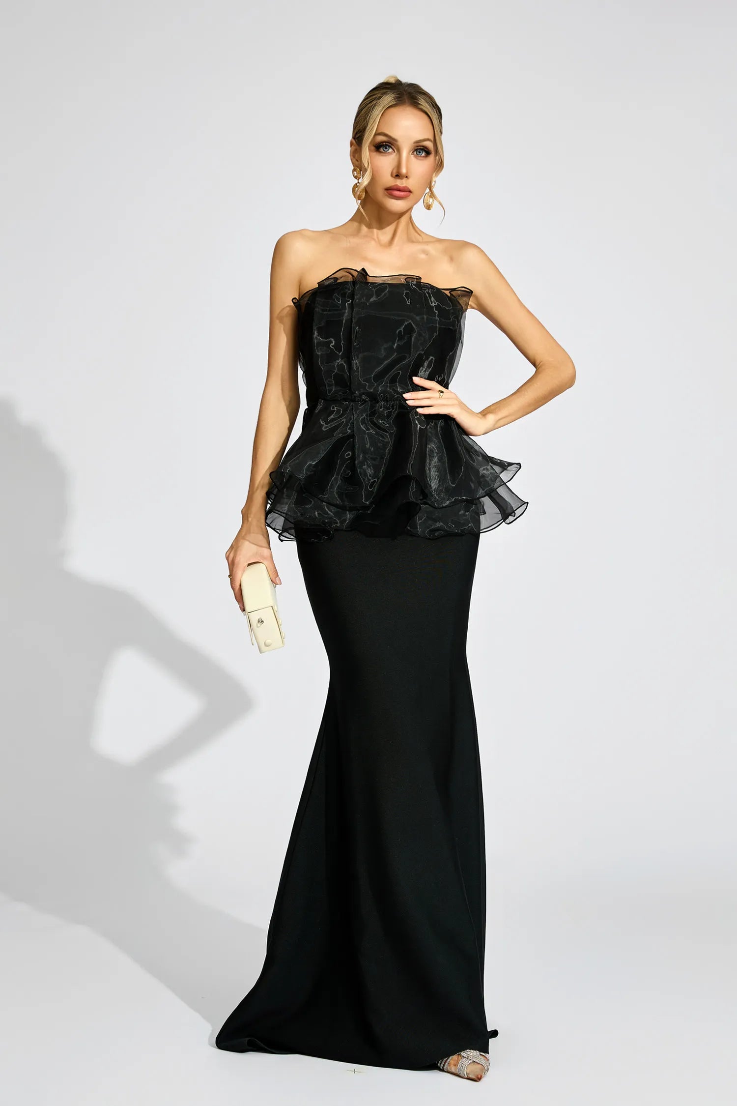 Gloria Siyah Peplum Gece Maxi Elbisesi