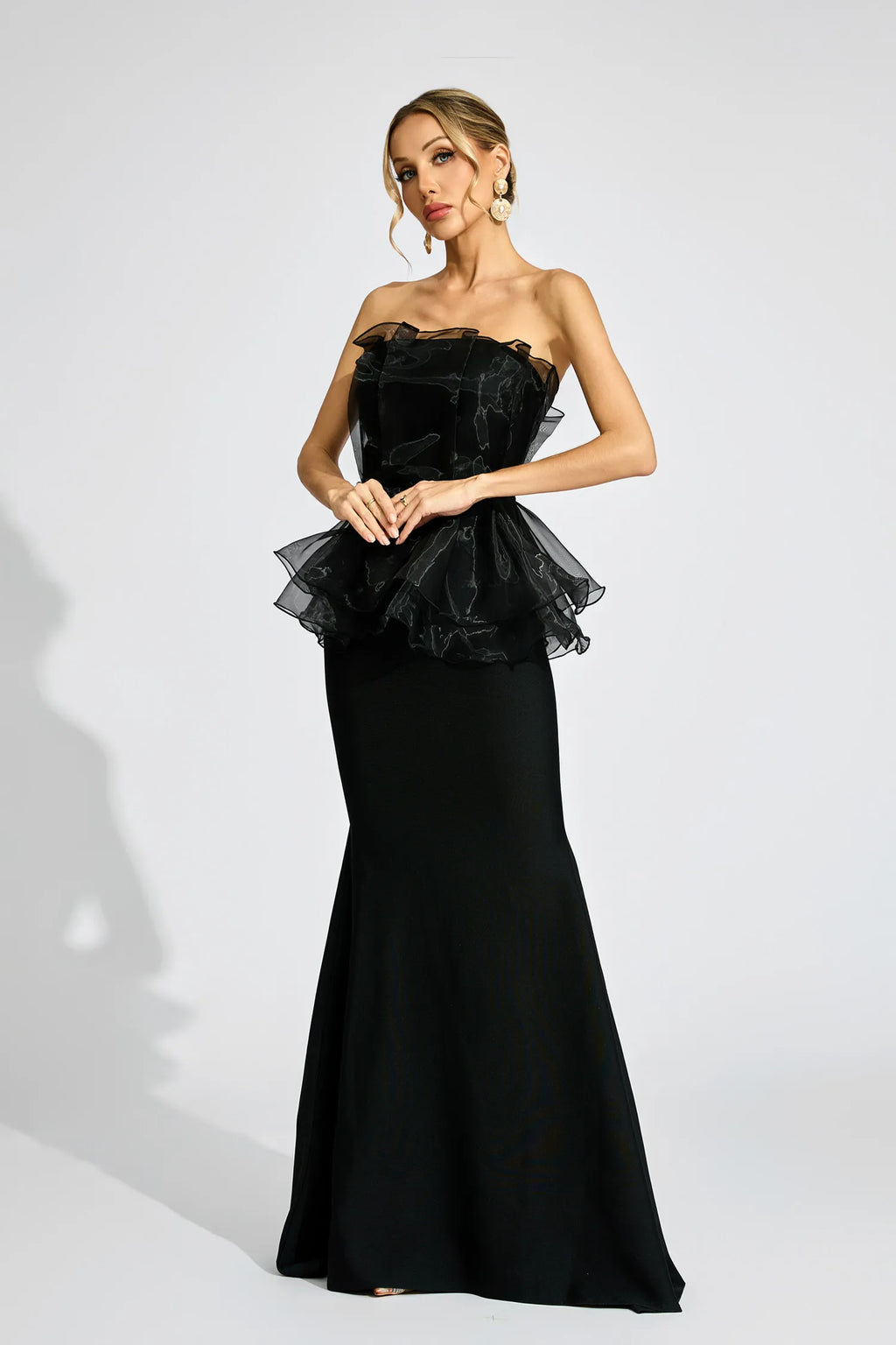 Gloria Siyah Peplum Gece Maxi Elbisesi