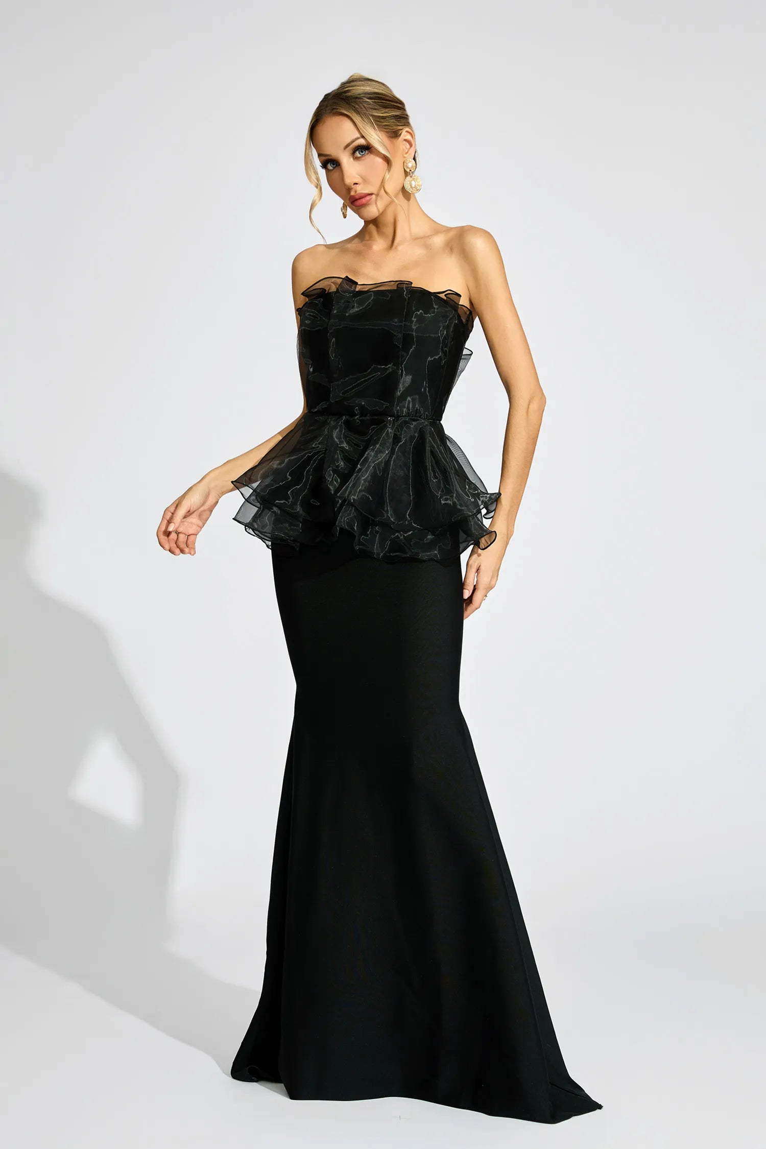 Gloria Siyah Peplum Gece Maxi Elbisesi
