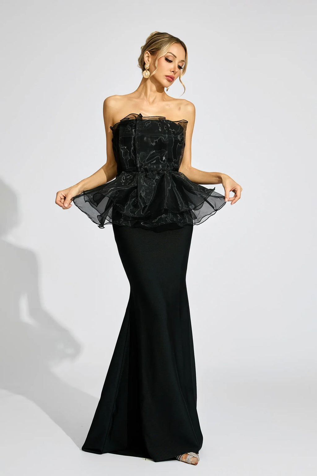 Gloria Siyah Peplum Gece Maxi Elbisesi
