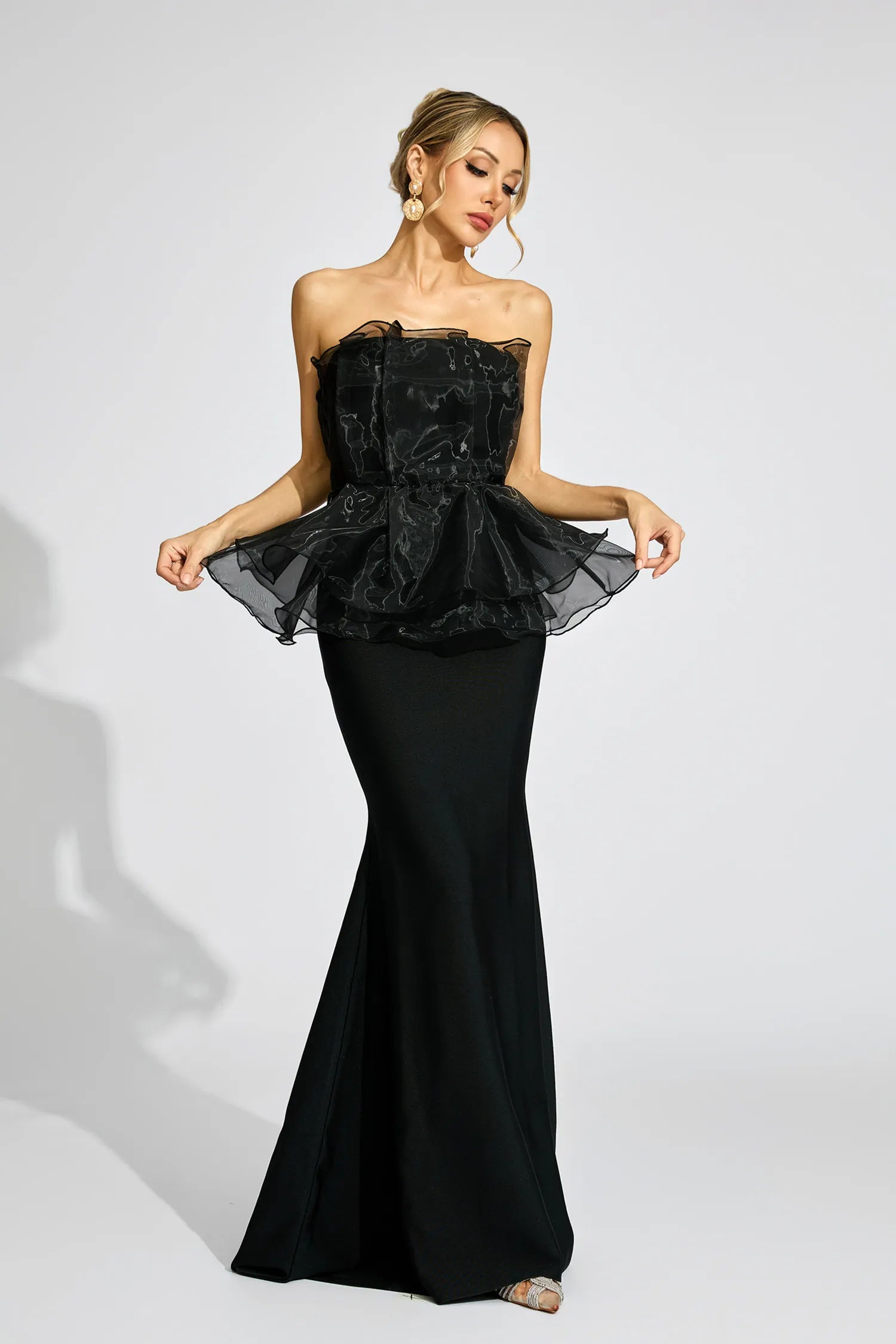Gloria Siyah Peplum Gece Maxi Elbisesi