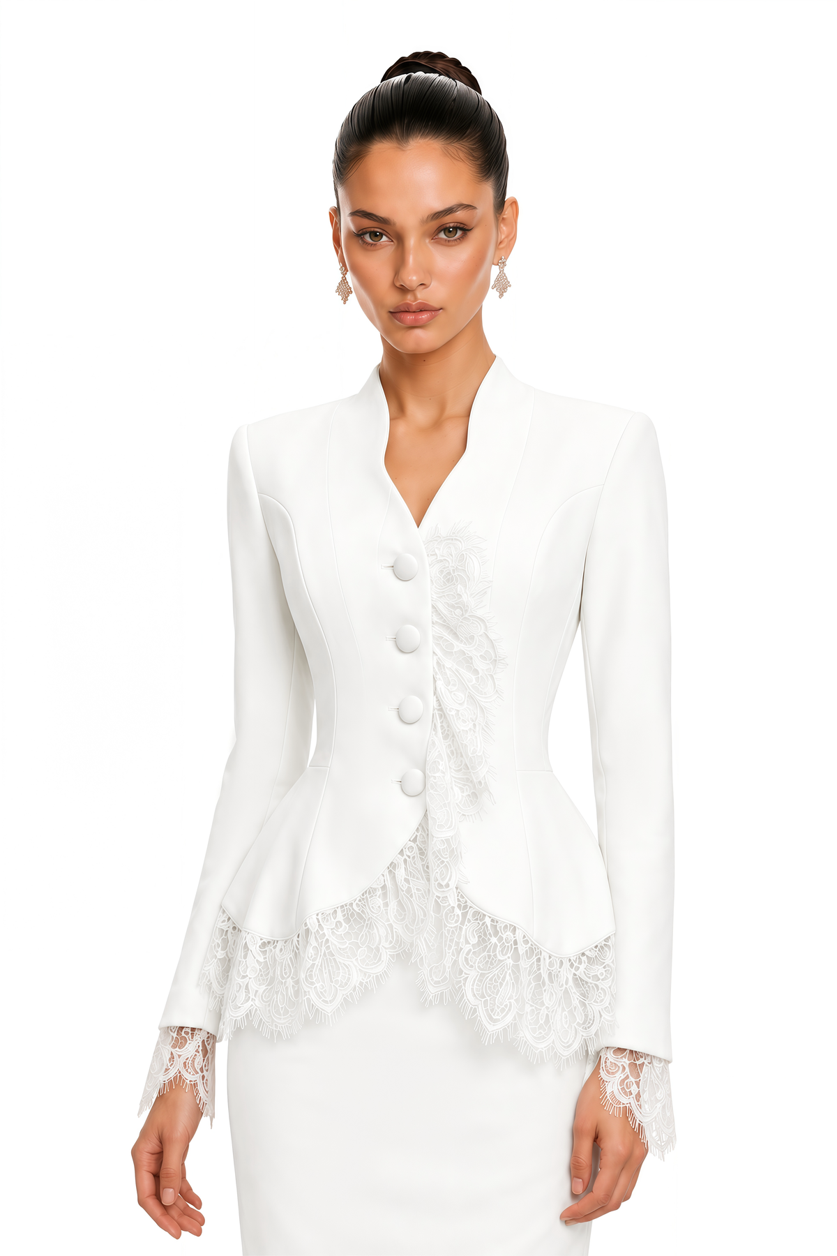 Viyana Dantelli Blazer Ceket ve Midi Etek Takım Beyaz