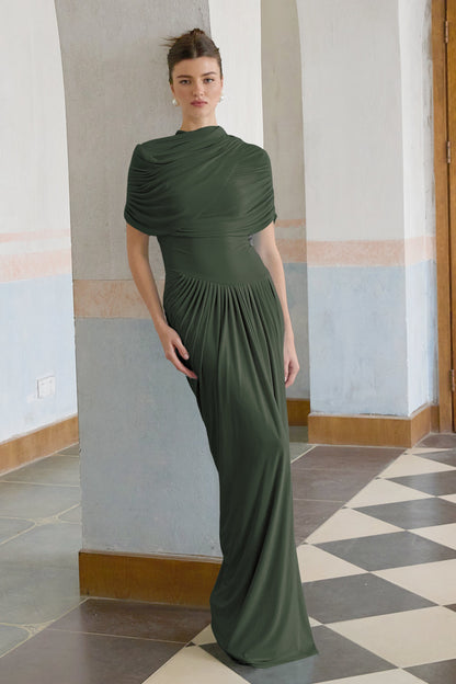 Catherine Asimetrik Pileli Maxi Elbise Yeşil