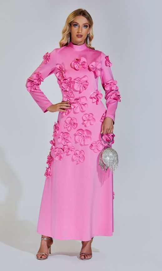 Elva Pembe Uzun Kol Çiçekli Maxi Elbise