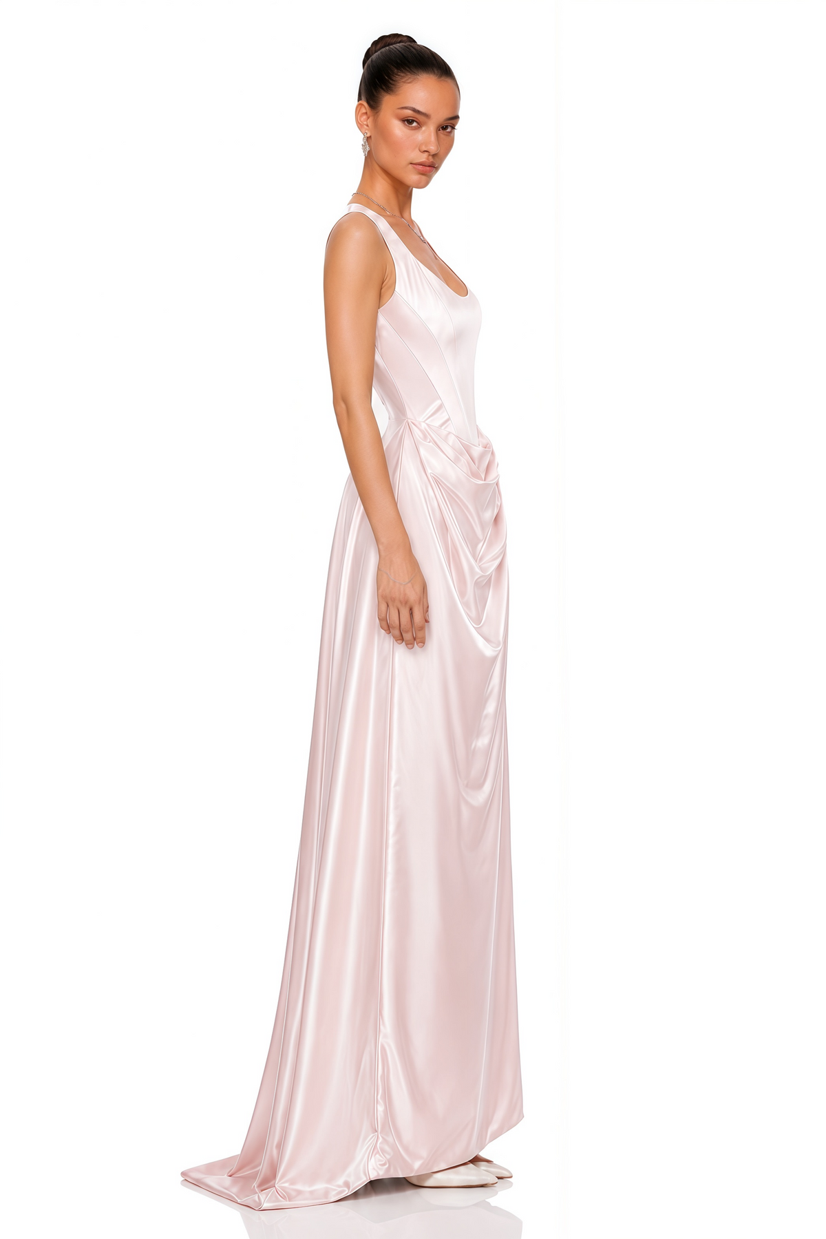 Fiona Kare Yaka Drape Detaylı Saten Maxi Elbise Pembe