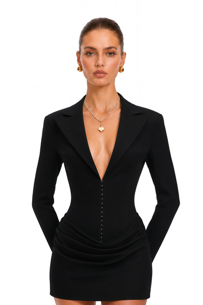 Newyork Rosette Büzgü Detaylı Blazer Mini Elbise Siyah